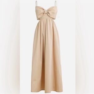 NWOT J. Crew Collection Bow Front Cutout Midi Dress in Stretch Taffeta Khaki Tan